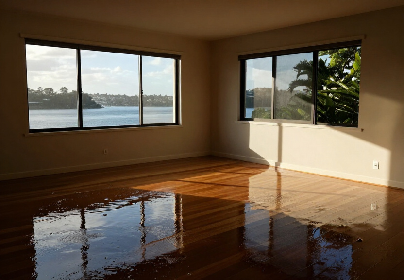 Flood-damaged living room in Oxford Falls before restoration
